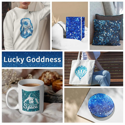 Collage of products with blue glitter designs, including sweater, pillow, notebook, tote bag, and mug, showcasing Lucky Goddness brand.