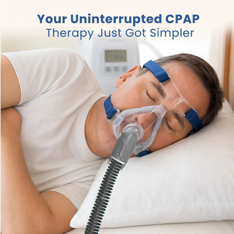 Series 10 Tubing With Zero Leak Design Hose Replacement For Airsense 10 CPAP Machines Gray Color Easy Install Durable Silicone Construction Quiet Travel Friendly connected to CPAP mask on sleeping person.