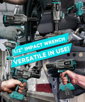 Several images showcasing the Beefy Half Inch Cordless Impact Wrench With 950 Ft Lbs Torque in various automotive tasks.