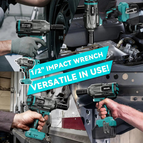 Several images showcasing the Beefy Half Inch Cordless Impact Wrench With 950 Ft Lbs Torque in various automotive tasks.