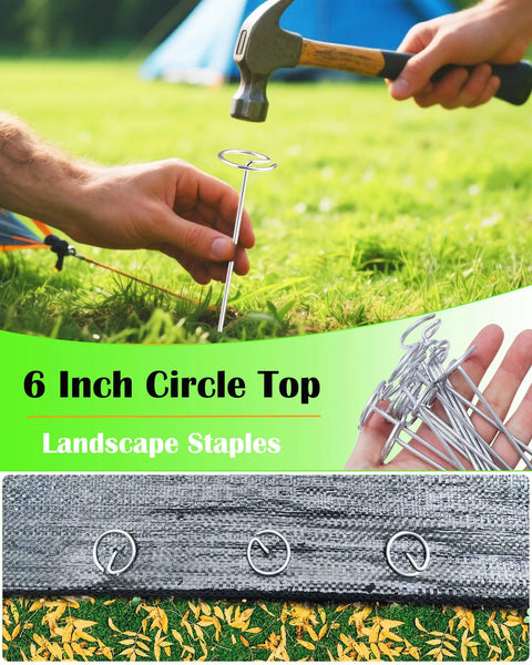 Installing a Pack Of 50 Landscape Staples With Pick Hook 6 Inch Galvanized Garden Pins For Weed Fabric Lawn Tent Yard And Sod