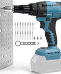 Badass Heavy Duty Cordless Pop Rivet Gun Workhorse With Smooth Pulling Action And Bright Led Light, Plays Nice With Makita 18V Batteries, packs aluminum rivets and accessories.