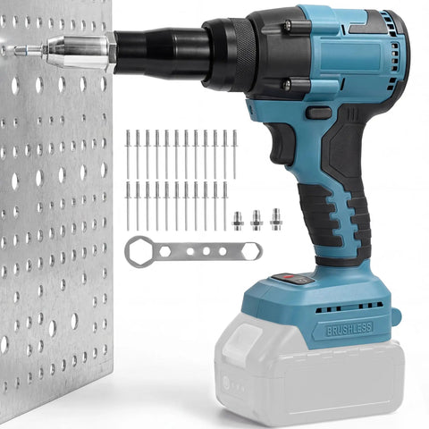 Badass Heavy Duty Cordless Pop Rivet Gun Workhorse With Smooth Pulling Action And Bright Led Light, Plays Nice With Makita 18V Batteries, packs aluminum rivets and accessories.