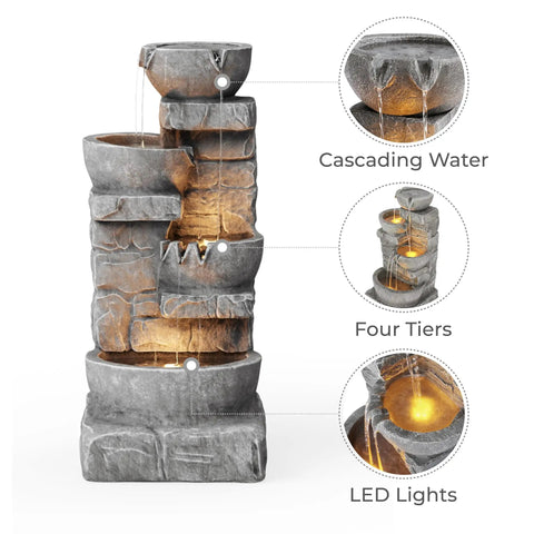 Cascading Bowls LED Outdoor Water Fountain With Stacked Stone Base For Gardens Patios Lawns And Balconies A Soothing Ambient Water Feature