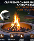 Smokeless Fire Pit Ring Insert for Outdoor Use Heavy Duty Metal Round Ring With 30 Inch Inner Diameter and 36 Inch Outer Diameter Durable Fire Ring for Wood Burning Black Finish, showcasing heat-resistant carbon steel ring with fire burning in a stone pit.