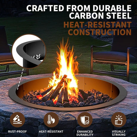 Smokeless Fire Pit Ring Insert for Outdoor Use Heavy Duty Metal Round Ring With 30 Inch Inner Diameter and 36 Inch Outer Diameter Durable Fire Ring for Wood Burning Black Finish, showcasing heat-resistant carbon steel ring with fire burning in a stone pit.