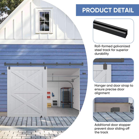 Exterior view of Weatherproof 10Ft Sliding Barn Door Hardware Kit Heavy Duty Track System installed on blue building with door open.