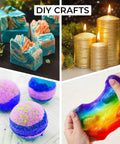 DIY crafts featuring colorful soaps, glittery candles, vibrant bath bombs, and rainbow slime, perfect for crafting enthusiasts.
