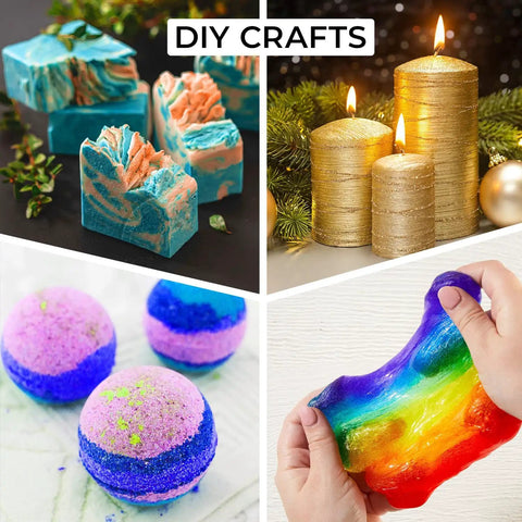 DIY crafts featuring colorful soaps, glittery candles, vibrant bath bombs, and rainbow slime, perfect for crafting enthusiasts.