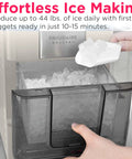 Cream Countertop Nugget Ice Maker With Visible Window And Sleek Touchscreen That Cranks Out 44 Lbs Of Soft Sonic Ice Daily, showing ice bin and scooping ice.