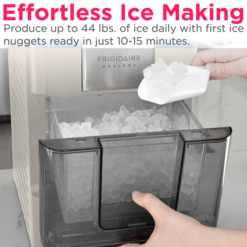 Cream Countertop Nugget Ice Maker With Visible Window And Sleek Touchscreen That Cranks Out 44 Lbs Of Soft Sonic Ice Daily, showing ice bin and scooping ice.