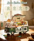 Retro Coffee Truck 3D Wood Puzzle Kit For Adults DIY Model Craft Building Set shown with dimensions and components