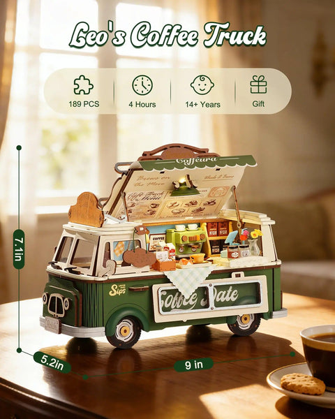 Retro Coffee Truck 3D Wood Puzzle Kit For Adults DIY Model Craft Building Set shown with dimensions and components