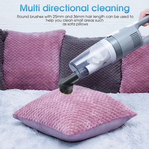 Vacuum Attachments Kit with round dust brush cleaning sofa pillow, featuring 1.25 inch hose fitting 25mm and 36mm, for small areas.