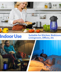 Image showing Ultimate Indoor Outdoor Bug Zapper For Mosquitoes And Flies, 4200V Electric Grid With 20W Blue UV Light Attracts Insects in kitchen, living room, and bedroom settings.