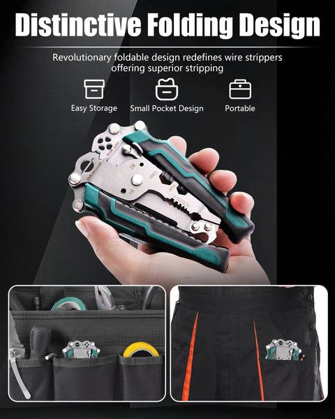 Hands holding 18 In 1 Foldable Wire Stripper Kit With Crimping Pliers Cutter Twister And Splitting Tool, compact design.