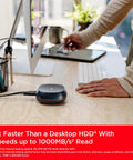 Massive 8TB External SSD Desk Drive With USB-C And USB 3.2 Gen 2 on a desk connected to a computer, used for creative work