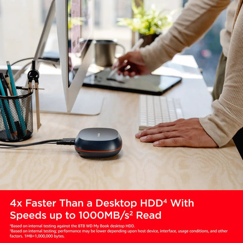 Massive 8TB External SSD Desk Drive With USB-C And USB 3.2 Gen 2 on a desk connected to a computer, used for creative work