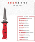 Image of 3.5 Inch Pointed Dive Knife With Non Slip Grip Handle TiN Coated Marine Grade Stainless Steel Full Tang Built Beefy And Rust Resistant For Spearfishing Snorkeling And Underwater Rescue, showing red handle and serrated blade design.