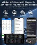 vLinker MC Plus OBDII Bluetooth Adapter with smartphone app display for car diagnostics on iOS, Android, Windows