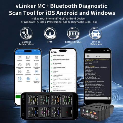 vLinker MC Plus OBDII Bluetooth Adapter with smartphone app display for car diagnostics on iOS, Android, Windows