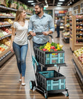 Couple shopping with Heavy Duty Foldable Grocery Cart on Wheels, 200 Lbs Capacity with Two Collapsible Crates and Foot Brakes