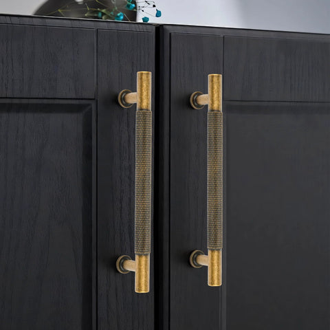 Matt Coffee Bronze Solid Brass Cabinet Handles 5 Pack 5 Inch Hole Centers installed on dark wooden cupboard doors