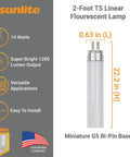2 Foot T5 Linear Fluorescent Lamp 14W 1200 Lumens 5000K Daylight G5 BiPin Base High Performance Straight Tube 40 Pack RoHS Compliant