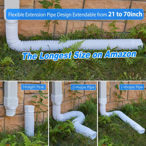 Flexible Downspout Extensions for Outdoor Gutter Systems, 2 Pack Rain Drain Extenders, Adjustable 21 to 70 Inches, connected to wall