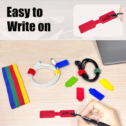80 Pack Reusable Cable Labels And Cord Organizer Kit With 40 Color Coded Write On Wire Tags on desk with marker and cables