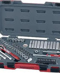 60 Piece 1/4 Inch Drive Socket Set With Metric And SAE 6 Point Regular, Shallow, And Deep Sockets in case, open view