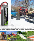 6000mAh 80C 2S 7.4V LiPo Battery Hardcase With Dean Style T Connector shown alongside RC vehicle models