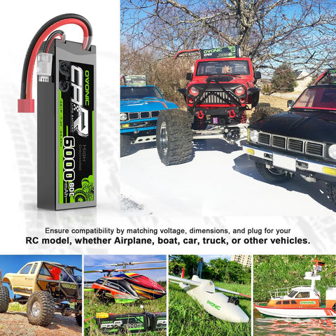 6000mAh 80C 2S 7.4V LiPo Battery Hardcase With Dean Style T Connector shown alongside RC vehicle models