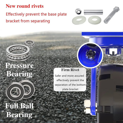 Heavy Duty Garage Casters With Hard As Nails Solid Rubber Tires And Bulletproof Steel Wheel Hub showing pressure and full ball bearings.