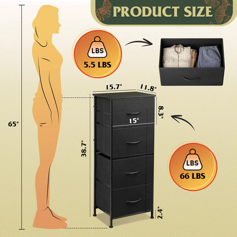 Diagram showing dimensions of Four Drawer Dresser With Fabric Storage Tower And Wood Top Must Have Space Saving Closet Organizer.
