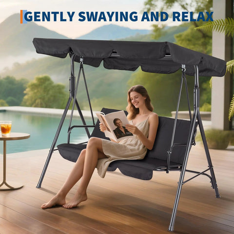 Three Seat Outdoor Patio Porch Swing With Stand Adjustable Canopy Thick Waterproof Cushions Heavy Duty Steel Frame Built To Last