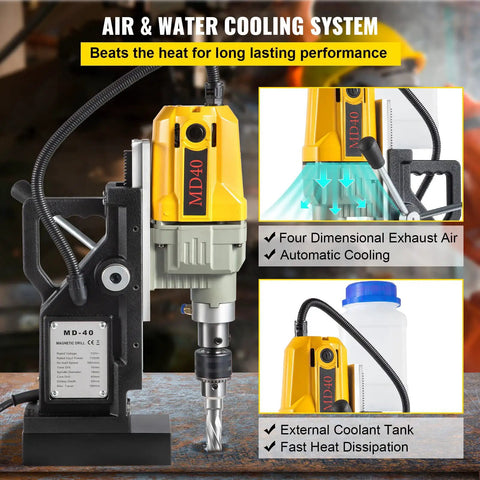Air and water cooling system for Heavy Duty Electric Magnetic Drill Press With Rock Solid Magnet Base Pro 1100 Watt Motor.
