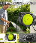 Man using Heavy Duty Automatic Wall Mount Garden Hose Reel With 160 Feet Of Kink Free Auto Rewind Hose for watering