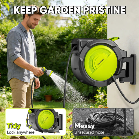Man using Heavy Duty Automatic Wall Mount Garden Hose Reel With 160 Feet Of Kink Free Auto Rewind Hose for watering