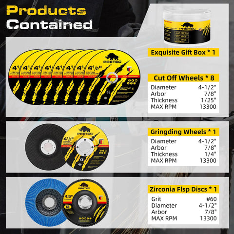 Image of 4.5 Inch Angle Grinder Disc Set with 8 cutting wheels, 1 grinding wheel, 1 flap disc, in packaging for cutting and smoothing