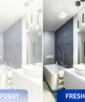 Side-by-side comparison of bathroom with and without Whisper Quiet DC Bathroom Vent Fan With Dimmable 3000K LED Light And SmartFlow Technology.