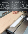 Thin Rip Jig installed on table saw in 3/4 x 3/8 in miter slots; guides light wood board for narrow strip cuts.