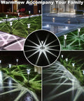 Collage of 12 Pack Solar Lights Outdoor Waterproof Stainless Steel Pathway Lights illuminating paths and lawns.