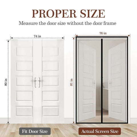 Magnetic Screen Door For 74x80 Inch Doors, 76x81 Inch High Density Fiberglass Mesh, Ultra Strong Magnets With Windproof Hasp, Easy Install And Quick Removal, Fits French Front Or Back Sliding Doors, Black, size guide image