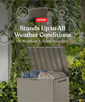 Open beige 30 Gallon Resin Outdoor Storage Box And Patio Side Table For Pool And Garden Accessories with cushions inside