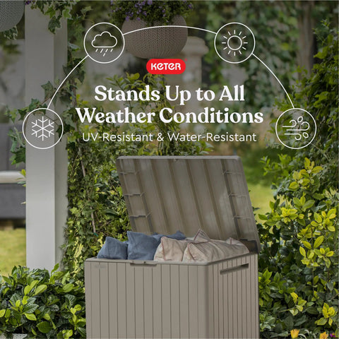 Open beige 30 Gallon Resin Outdoor Storage Box And Patio Side Table For Pool And Garden Accessories with cushions inside