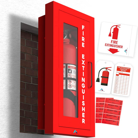 Semi Recessed Fire Extinguisher Cabinet Red For 5 To 10 Lb Extinguishers Heavy Duty Steel Wall Mount Box With Signage Seals And Tags