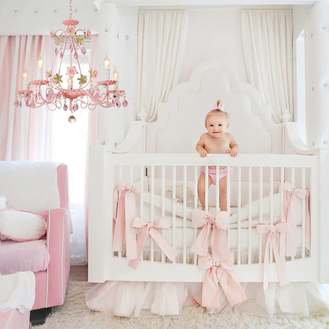 Pink Crystal Chandelier For Girls Room With Five Lights, 23.6 Inch Wide Rose Flower Style Pendant Lighting above crib