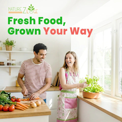 Couple preparing fresh vegetables in kitchen, promoting 11 Heirloom Vegetable And Fruit Seeds Pack For Home Garden, Non GMO Open Pollinated Variety Bundle.