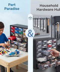 Nut And Bolt Organizer Cabinet With 24 Clear Drawers And 48 Adjustable Dividers For Screws, Fasteners, Washers And Small Parts, Heavy Duty Metal Storage, Stackable Wall Mount Hardware Case For Easy Reach And Quick Access. Used in workshop and home.